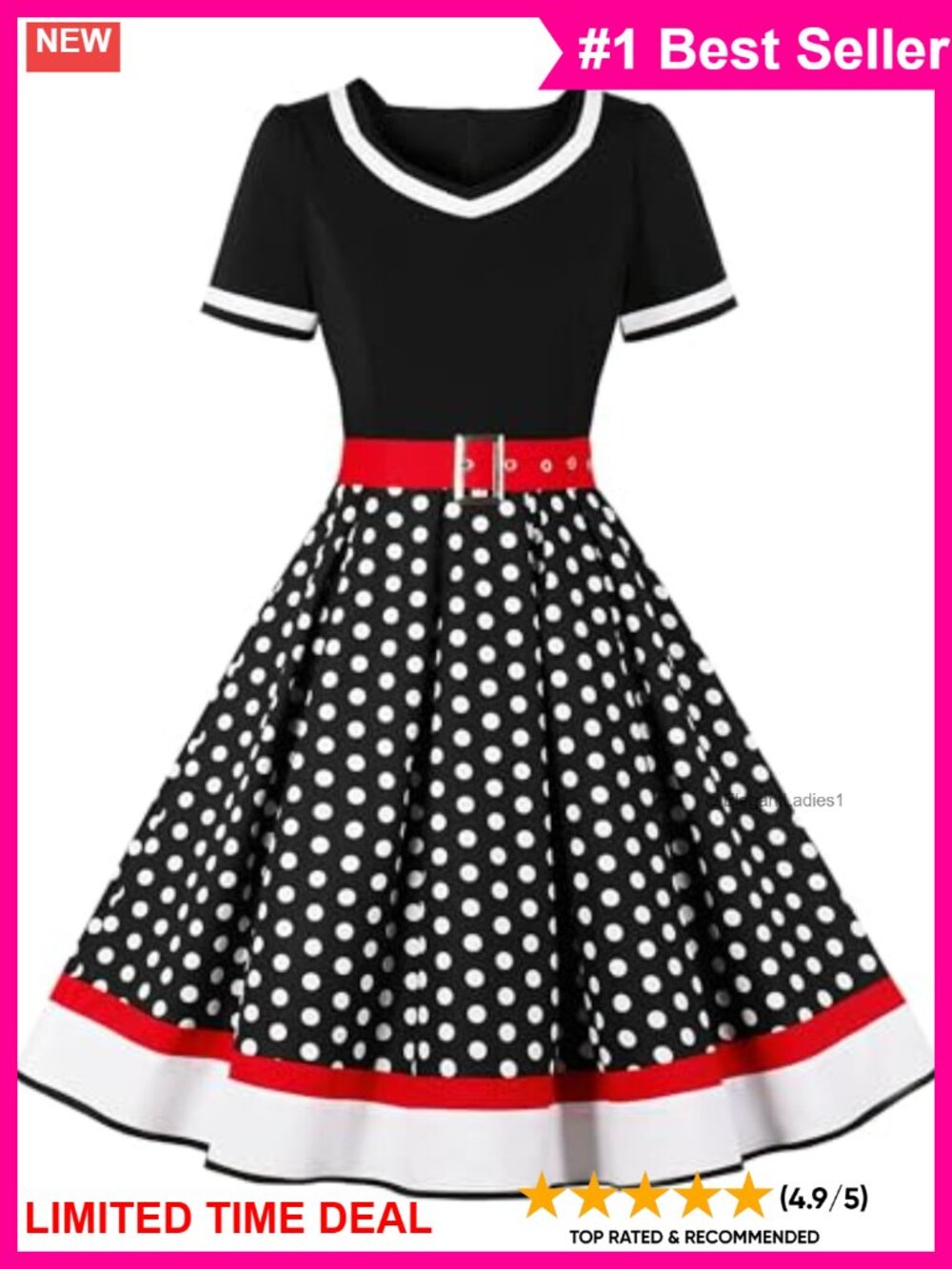 Vintage 1950s Retro Swing Dress Polka Dot Cocktail Party Dress with Belt